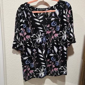 Ivanka Trump Womens XL Black and White Feminine Top with Pink and Blue Flowers